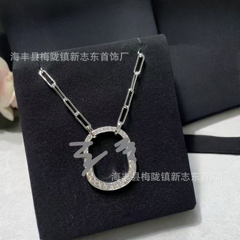 新款mini锁头项链耳环厚镀金U形满钻半镶钻椭圆锁扣锁骨链饰品女|undefined