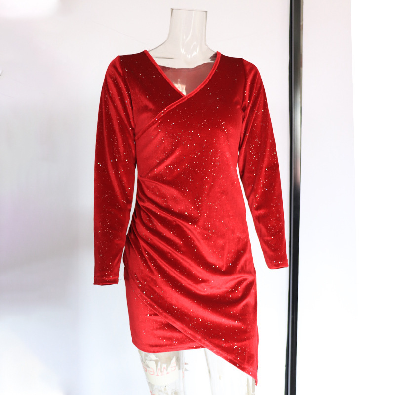 420g Weight Above Knee Dress Length Type Long Sleeve Sleeve Length Velvet Dress Dresses Type Regular Sleeve Sleeve Type Velvet, Polyester Fabric Type High Waist Waist Line Banquet, Cocktail Party Occasion V Neck Neckline Slim Fit Type Solid Color Pattern Winter, Autumn Season Women's Gender Sequins Design Elegant, Sexy Style Wholesale Women's Elegant Sexy Sequins Solid Color Banquet Cocktail Party V Neck Long Sleeve Velvet Dress 36