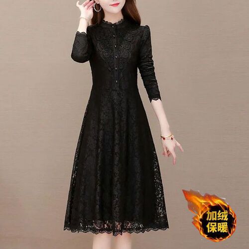 Winter and Spring New Fleece and Thick Lace Dress for Petite Women, Cold-Proof and Warm, Complements Overcoat as Base Layer Skirt