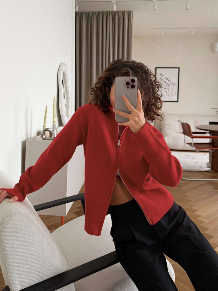 Áo khoác cardigan len dệt kim cổ đứng khóa kéo hai chiều dài tay — Màu nâu cà phê, Màu trắng, màu đen, màu đỏ chi tiết 13
