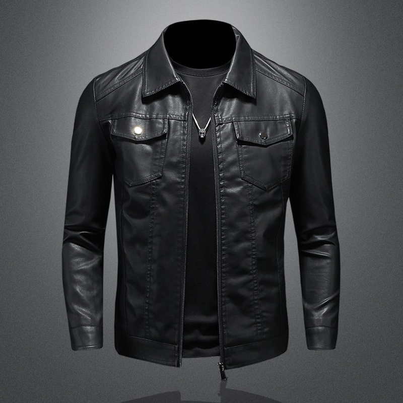 Motorcycle zipper leather jacket-thin black / M
