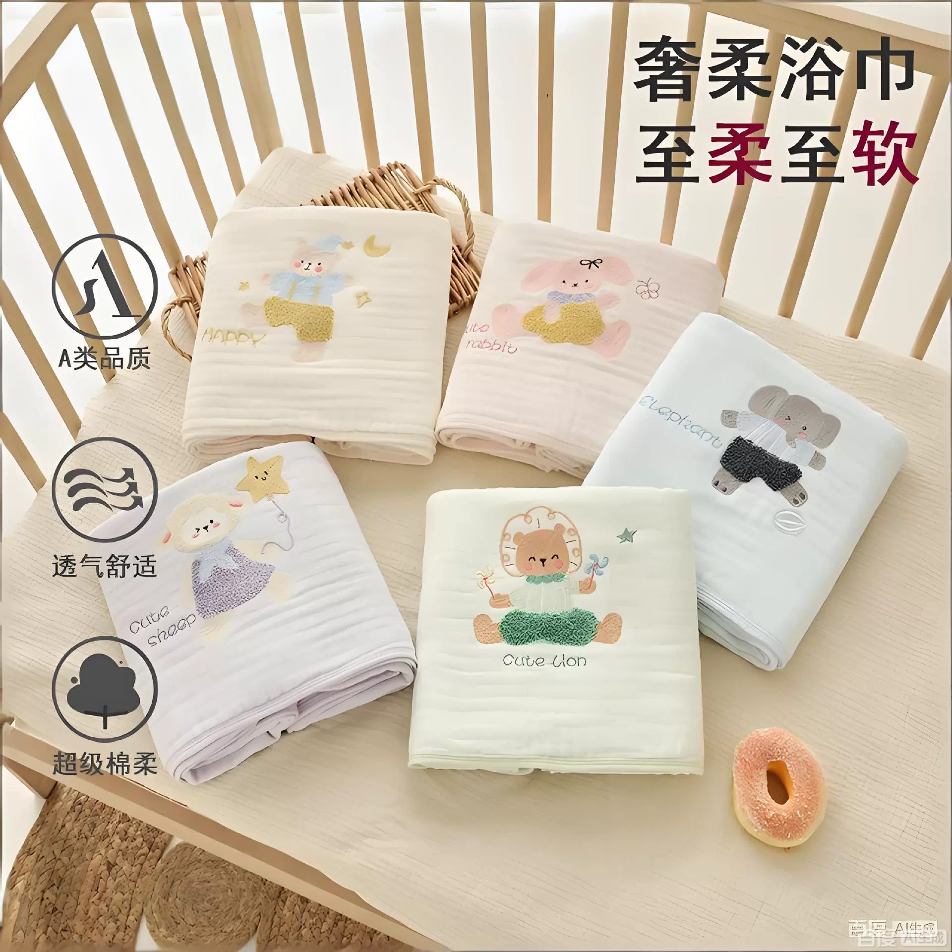 婴儿浴巾新生宝宝A类纱布盖毯包单儿童洗澡巾婴幼儿六层超柔浴巾