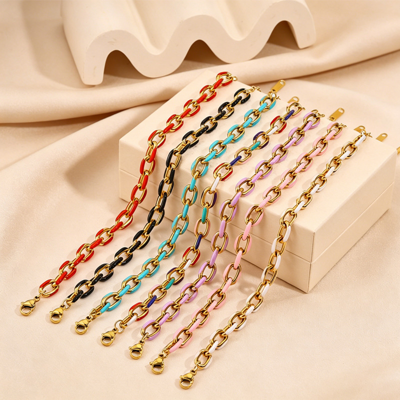 Cross-Border Popular Stainless Steel Oil-Drip Cuban Chain Bracelet for Women, Fashionable and Versatile Colorful Bohemian Style Titanium Steel Bracelet Cross-Border Popular Stainless Steel Oil-Drip Cuban Chain Bracelet for Women, Fashionable and Versatile Colorful Bohemian Style Titanium Steel Bracelet