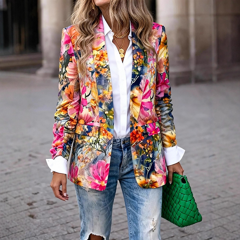 2025 Autumn European and American Style Colorful Floral Print Slim-Fit Blazer with Nine-Quarter Sleeves and Straight Cut for Women 2025 Autumn European and American Style Colorful Floral Print Slim-Fit Blazer with Nine-Quarter Sleeves and Straight Cut for Women
