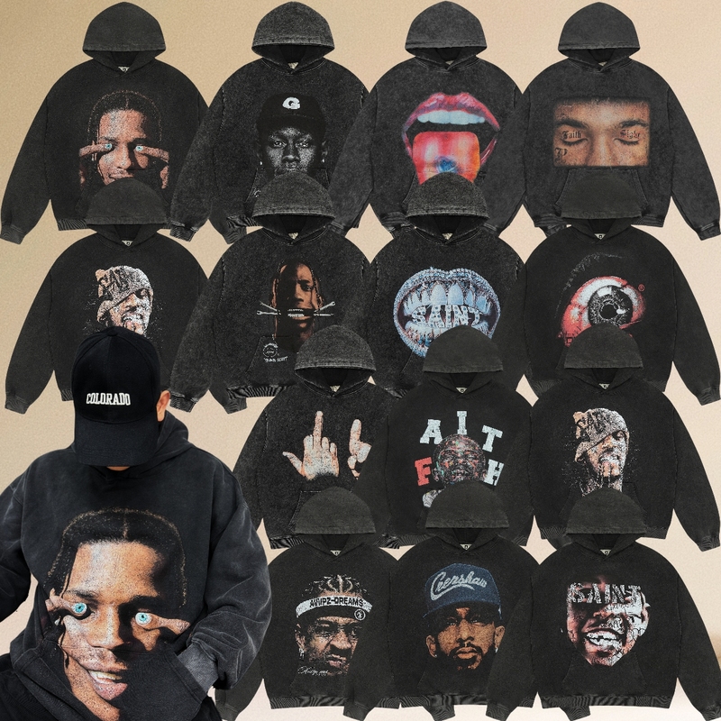 American Style Retro Figure Print Men's and Women's Autumn and Winter Sweatshirt VINTAGE Heavy Washed Old High Street Fashionable Hoodie