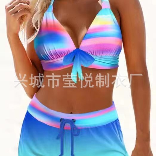 新款彩色渐变绑带高腰保守分体泳衣女bikini跨境平角裤比基尼泳装