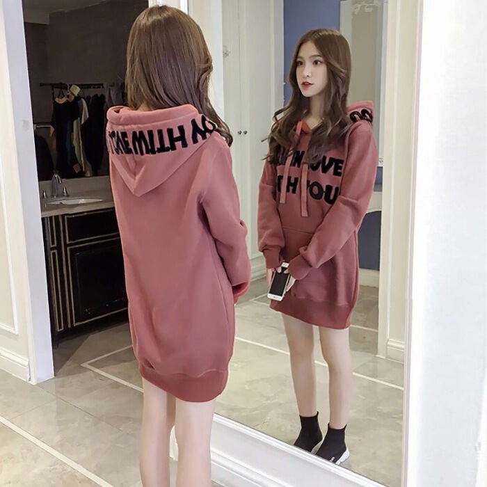 Sweatshirt Women's Hooded Korean Style 2025 Autumn and Winter New Style Mid-Length Velvet Loose Jacket Student Top Trendy