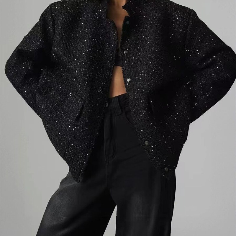 European and American Cross-Border Spring and Autumn New Women's Stand-Collar Loose Short Bomber Jacket with Chanel-Style Sequin Embellishments, Black