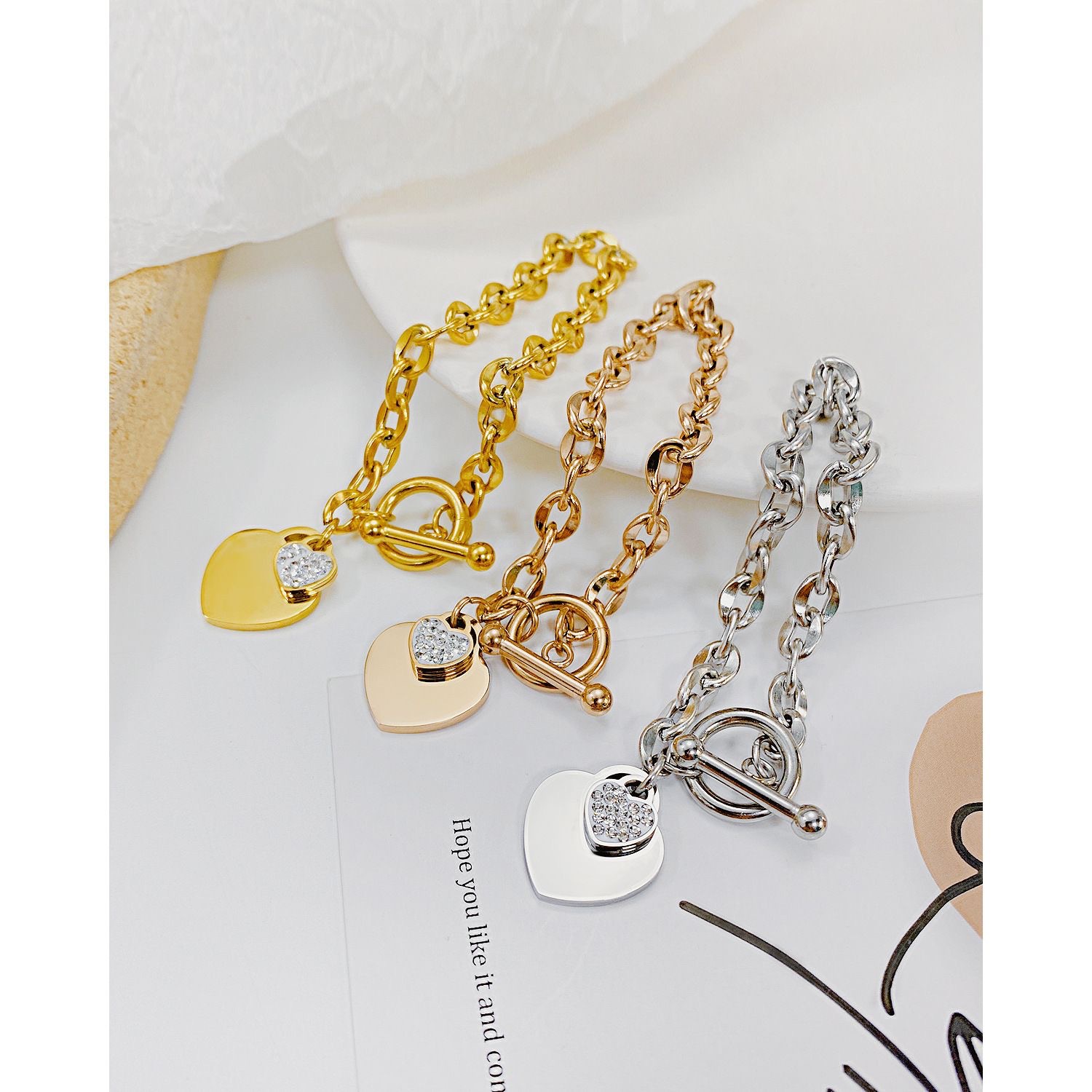 Plating Design Fashion Style 1 Piece Fashion Heart Shape Titanium Steel Plating Zircon Bracelets