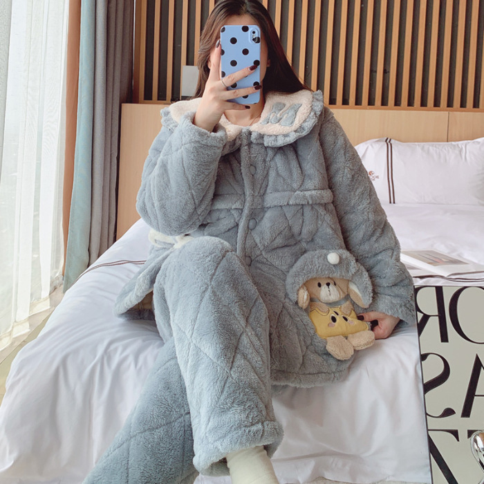 New Winter Three-Layer Cotton Warm Pregnant Women's Thickened Crystal Super Soft Flannel Moon Clothes Pajamas Women's Breastfeeding Clothes