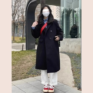 High-end Black Woolen Coat for Petite Women's Mid-length 2024 Autumn and Winter Wear Korean-style Hepburn-style Woolen Coat