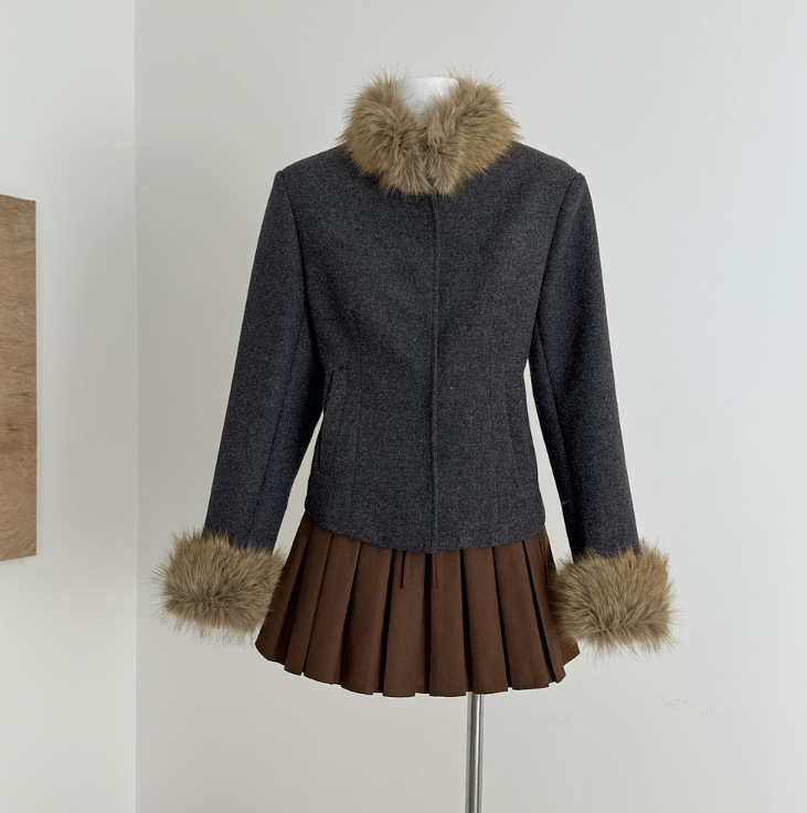 Yuzhi Yuzhi Tweed Style Detachable Fur Collar Woolen Jacket Design Waist Slimming Look Short Elegant Top