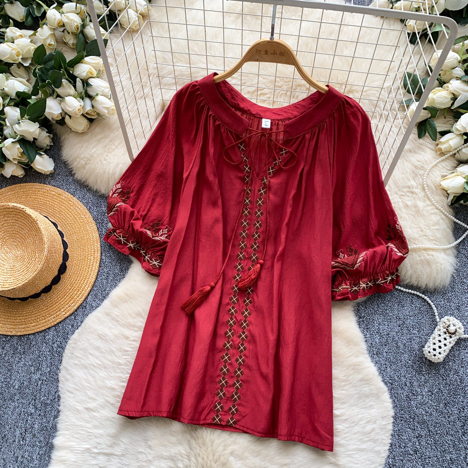 Elegant French Style Blouse for Women Red Embroidered Puff Sleeve Loose Fit Tie Waist Babydoll Top Spring Fashion_ecoleips.com