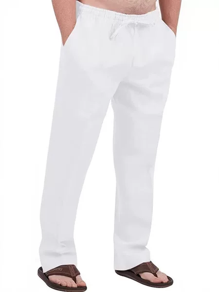 Men's Cross-Border Linen Trousers Drawstring Elastic Waist Solid Color Plaid Breathable Outdoor Daily Street Wear