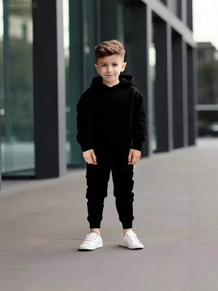Autumn and Winter Cross-Border Export Kidsren's Pure Color Hooded Sweatshirt and Sweatpants Casual Sports Suit with Personalized Logo
