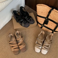 韓国版ニッチデザインクロスバックルフラットバレエシューズスクエアトゥ多用途メリージェーンシューズレディースローマンシューズ
