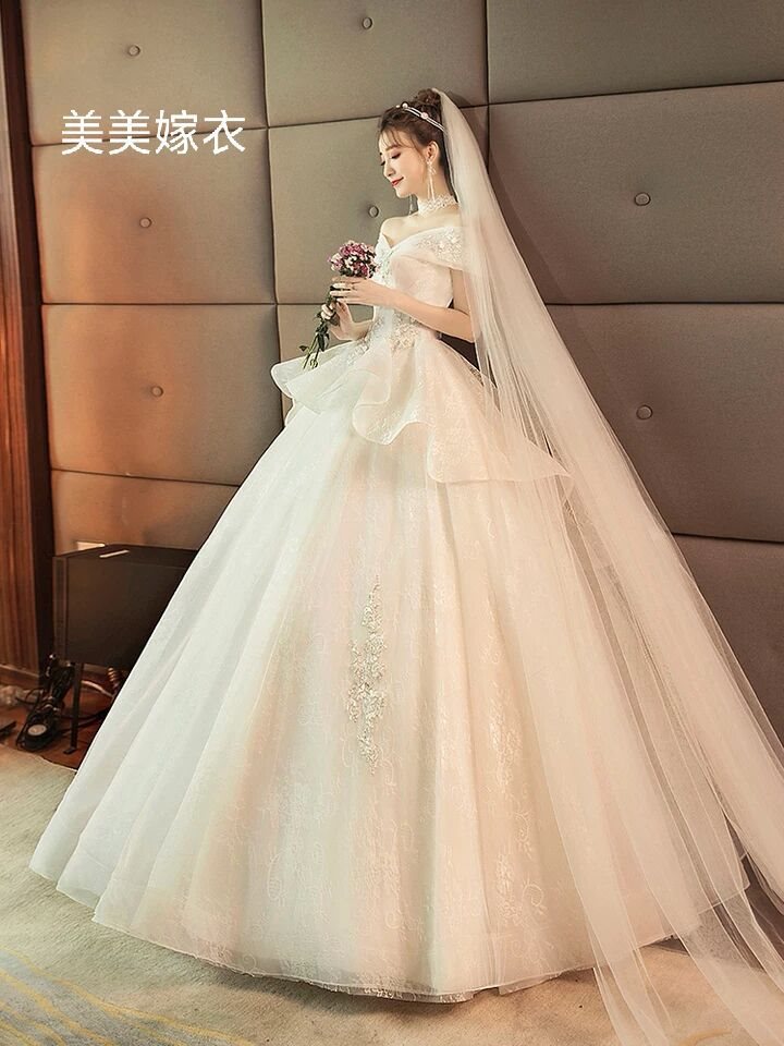 主婚纱2024新款春季韩式时尚公主显瘦 一字肩婚纱礼服新娘齐地女