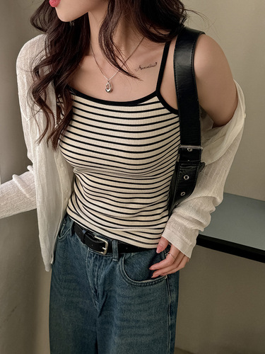 Black Striped Strap Top for Women - Summer Design, Unique, Thin, Slim Strap, Color Block, Sleeveless, Layering Top for Innerwear or Outerwear