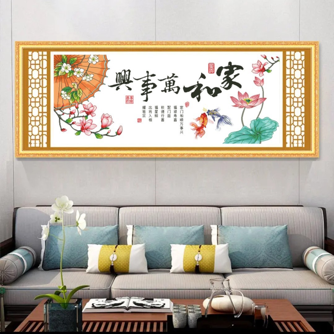 Mona Lisa casa real de bordado cruzado y todas las cosas Xingqing Lotus paraguas nuevo estilo chino auspicioso salón estudio grande