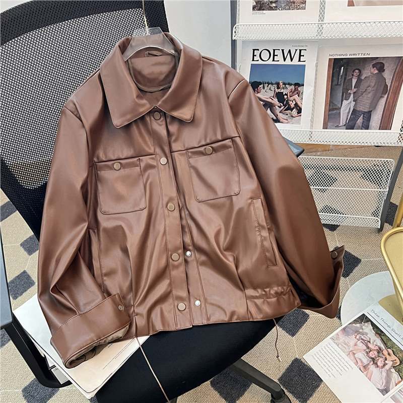 Dahong [Left Bank] Lapel Retro Maillard Casual Leather Jacket Coat Women's Spring and Autumn All-match Short Motorcycle pu