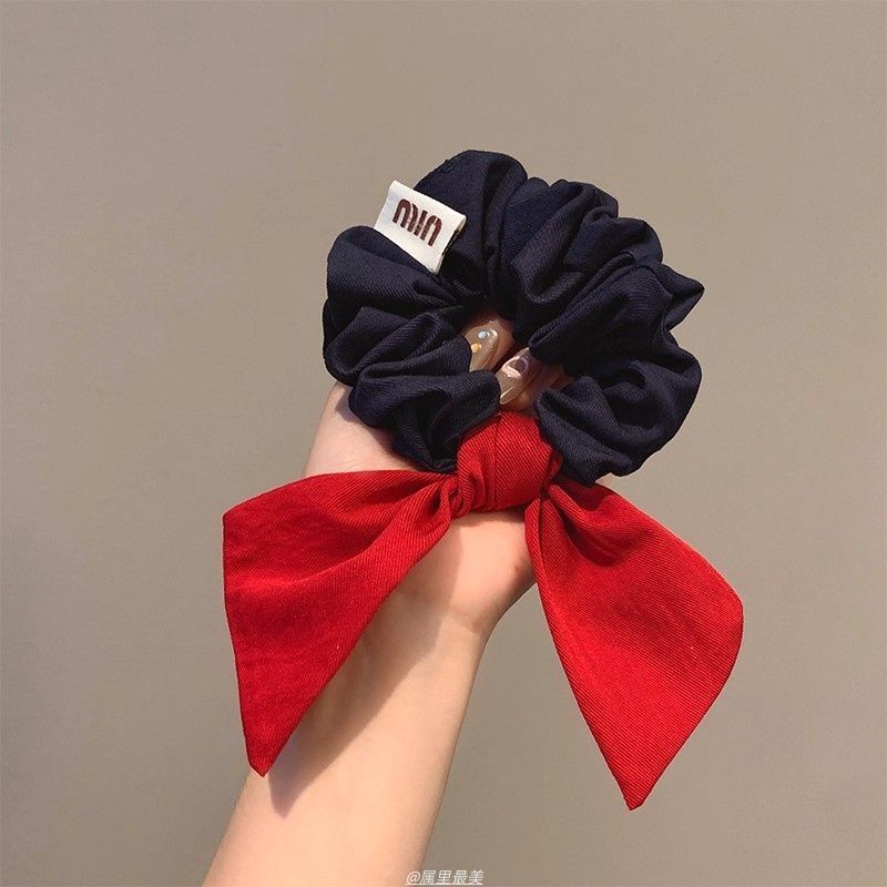 韩系红色蝴蝶结牛仔大肠发圈女高级感丸子头发饰扎头发百搭头绳潮|undefined