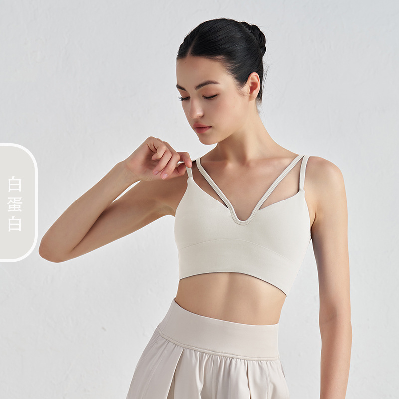 Desnudo con cuello en V, doble cabestrillo, chaleco de yoga, almohadilla para el pecho, tirantes finos, ropa interior deportiva, sujetador de fitness para mujer, hermosa espalda