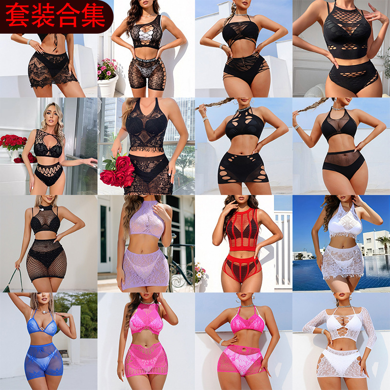 Cross-Border Foreign Trade Sexy Lingerie Women's One-Piece Seductive Hollow-Out Halter Neck Mesh Dress Hot and Spicy Bodycon Knitted Tassel Dress