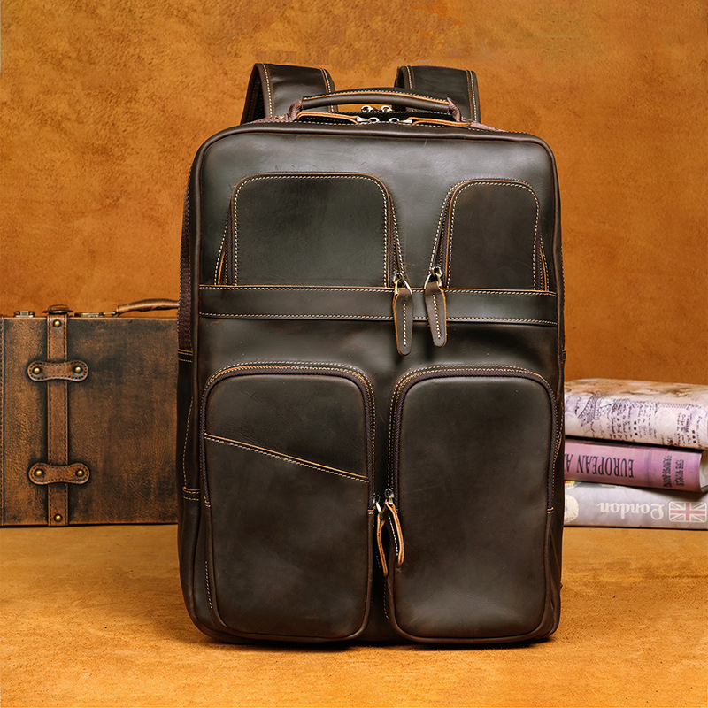 New Vintage Genuine Commuter Crazy Horse Leather Backpack, Large-capacity Travel School 14-inch Laptop Bag_voghion.com