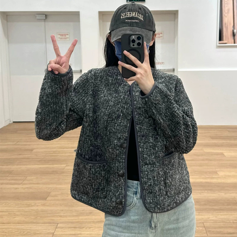 Дневной заказ 2024 осень и зима женская имитация баранины с кашемиром с круглым вырезом кардиган с длинными рукавами куртка повседневная 472938