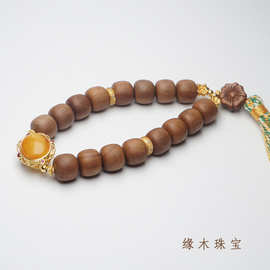 天然老山檀檀香雕刻件 五瓣花 s925银蜜蜡镶嵌配饰 diy设计款手串