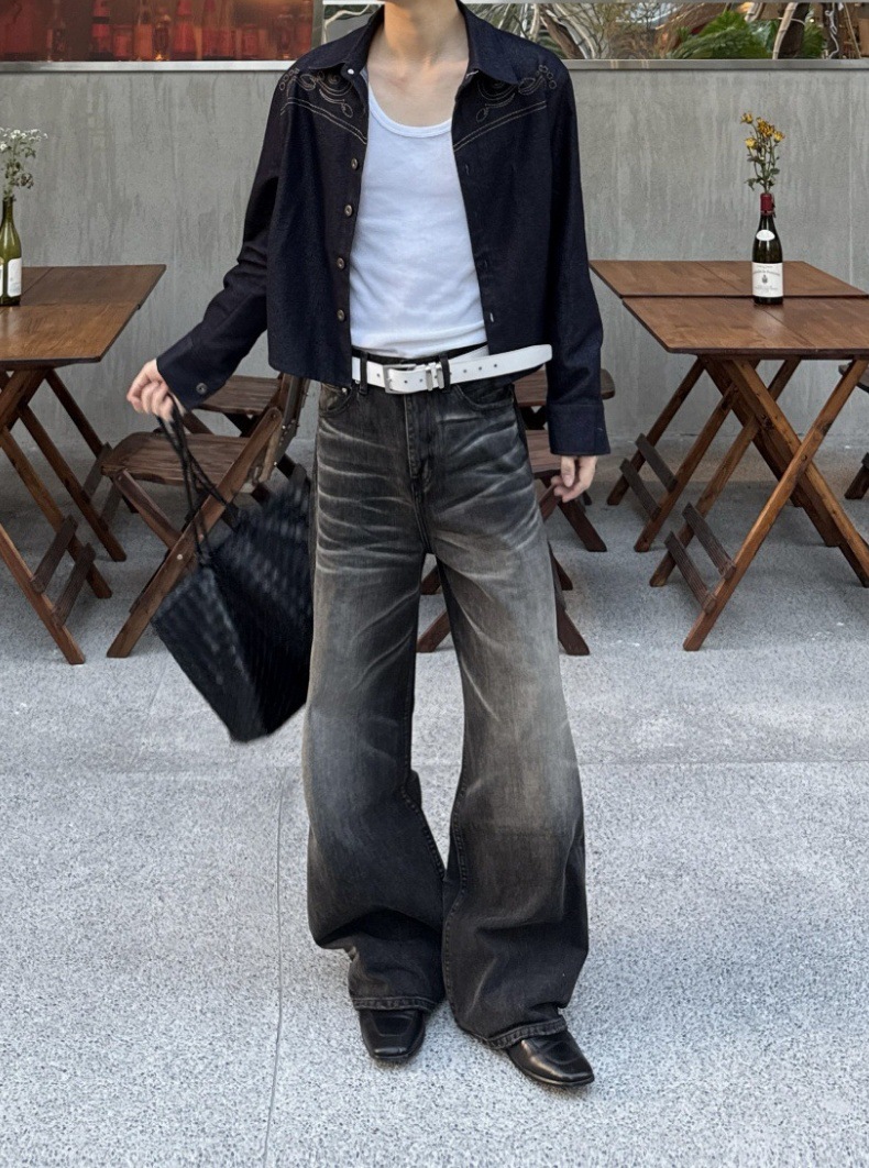 Vintage Washed Black Straight Jeans For Men With Stretch Fit_voghion.com