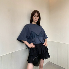 2026夏季新款 小众设计感洋气蕾丝拼接时髦慵懒假两件短袖t恤上衣