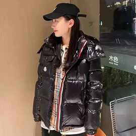 跨境蒙家2026新款三色织带彩条亮面保暖加厚男女情侣款棉服外套