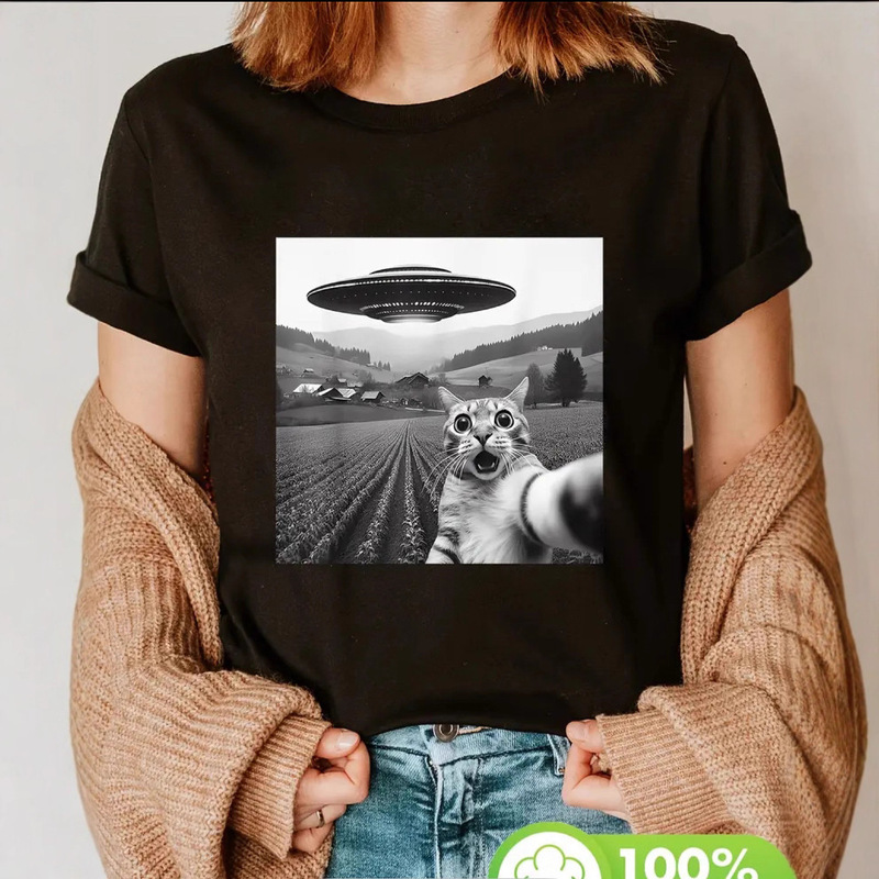 Girls Playful Cat and Ufo Graphic T-Shirt - 100% Cotton, Short Sleeve, Crew Neck, Black | Lightweight