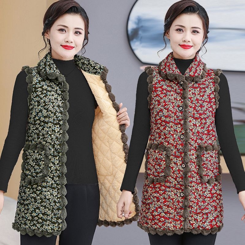 New autumn/winter mid-length vest for mothers, stylish and warm, lined with fleece and cotton, sleeveless.