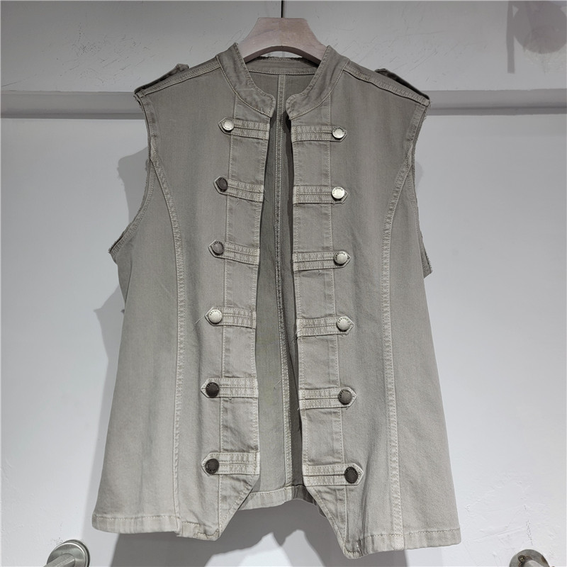 Inswind Lady Street Fashion New Double-Botón Collar Standing Chaqueta de chaleco de vaqueros sin mangas