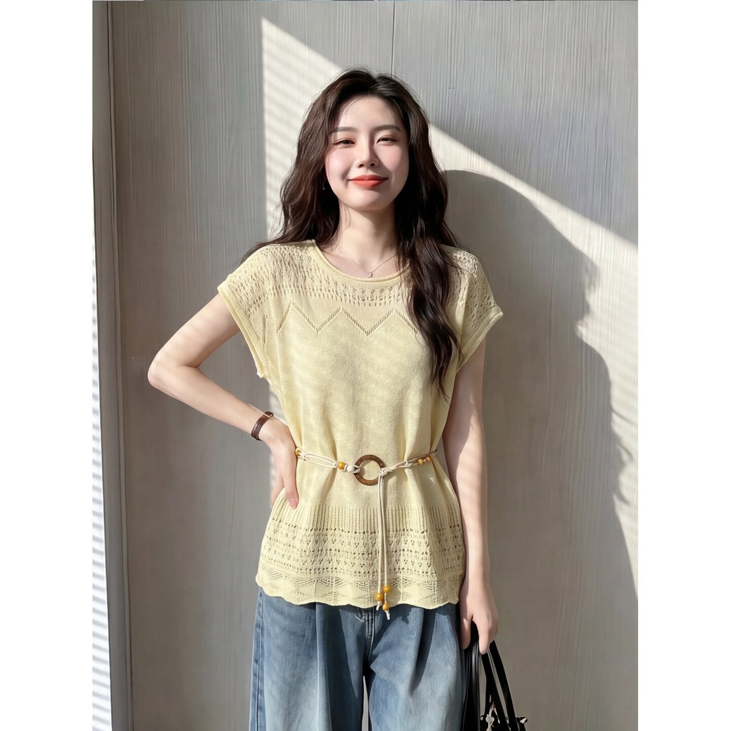 Áo thun nữ cổ tròn tay ngắn ren hở vai phong cách Pháp — xanh lam chi tiết 3