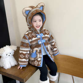 女童加绒外套秋冬装2025新款儿童连帽棉衣女孩宝宝羊羔绒毛毛衣潮