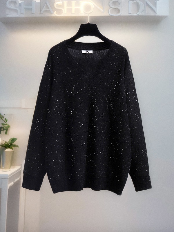 60-150kg Plus Size Fashionable Two-Piece Set 2025 Autumn and Winter Fat mm Sequined V Neck Knitwear Pleated Skirt