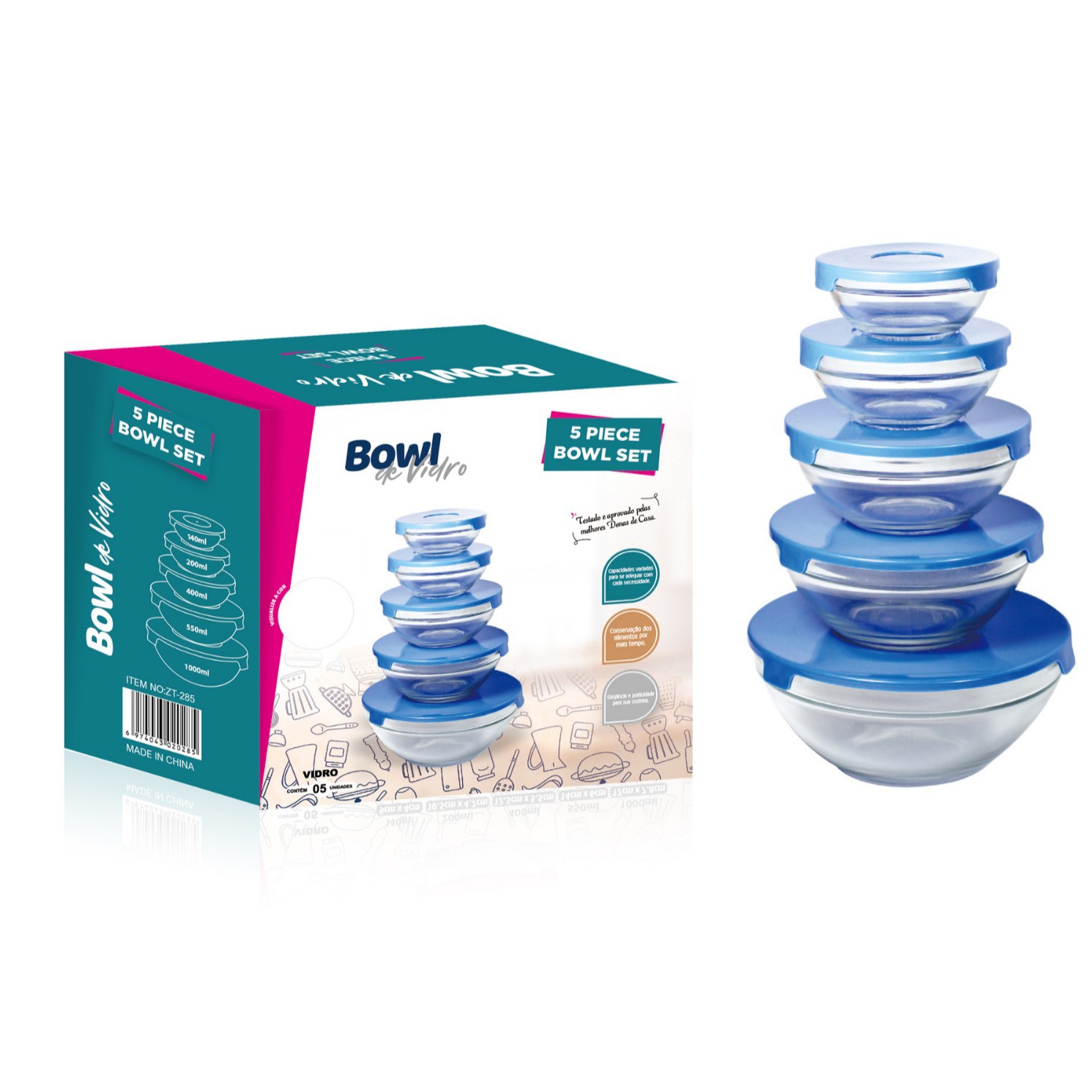 Juego de 5 Boles Herméticos de Vidrio Resistente al Calor con Tapa, para Almacenar y Cocinar