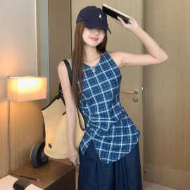 不规则开叉设计感蓝色格纹圆领背心女夏季甜辣风掐腰显瘦无袖上衣