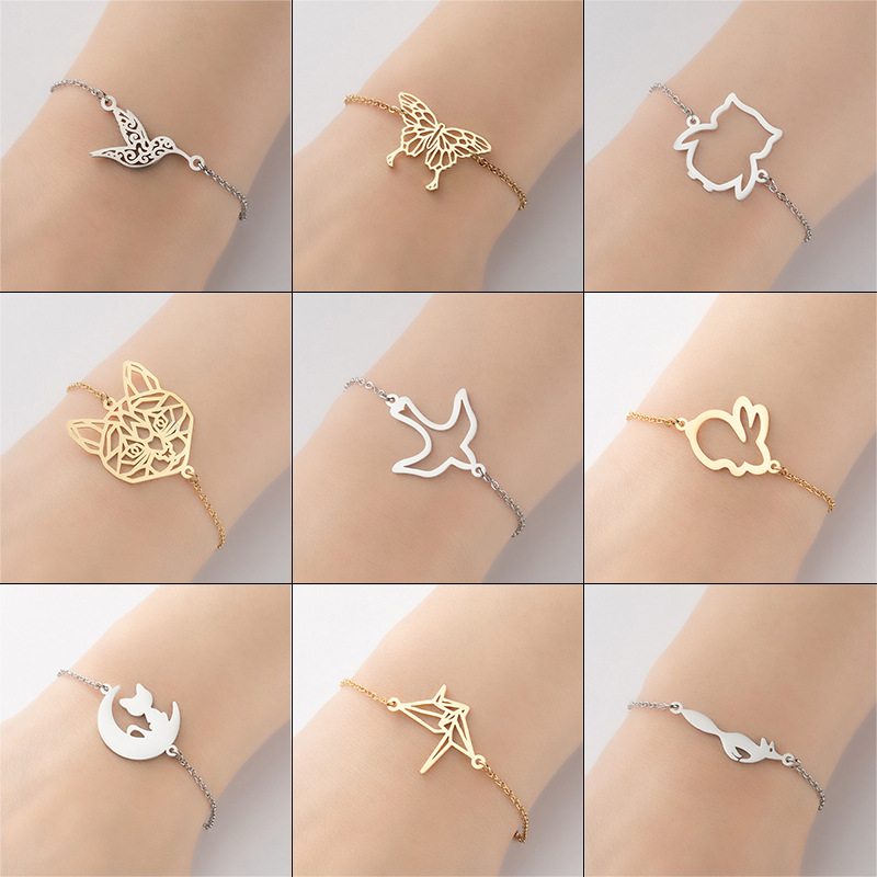 European and American Fashion Non-Fading Paper Crane Moon Cat Bracelet Female Ins Cold Style Stainless Steel Animal Bracelet Wholesale