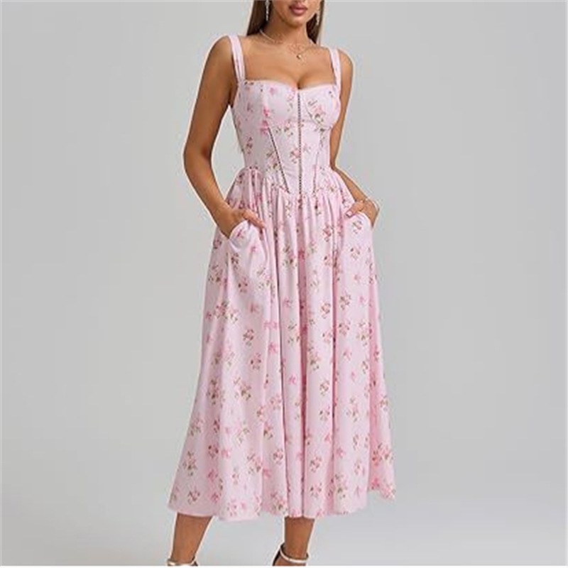 2025 Floral Corset Mid-Length Dress with Elegant Slit for Summer and Spring Wedding Guests