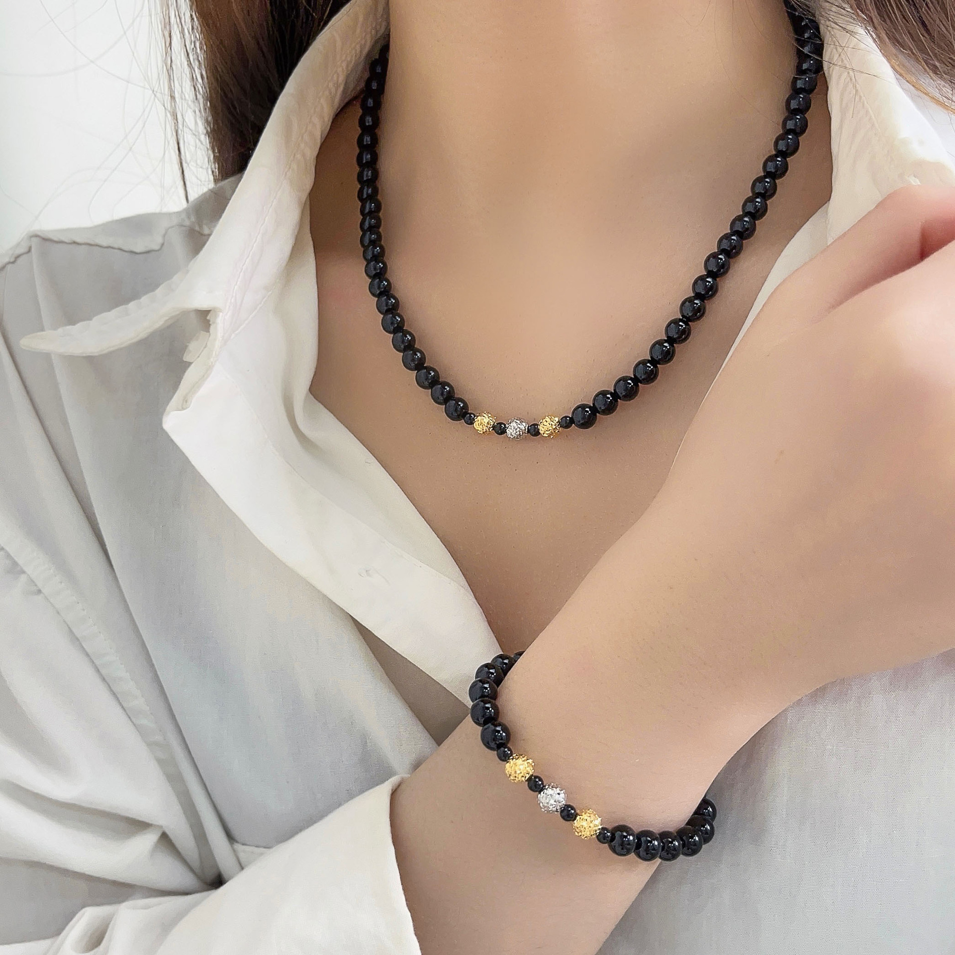 銀瑞泰s925純銀 黑瑪瑙串搭碎冰冰手串女手工串珠簡約高級感飾品