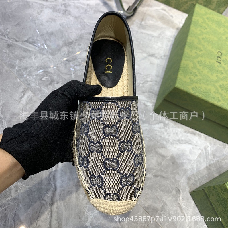 Comercio exterior transfronterizo G bordado estándar estampado zapatos de pescador 2025 suela de goma tejida boca poco profunda zapatos casuales de un solo pedal