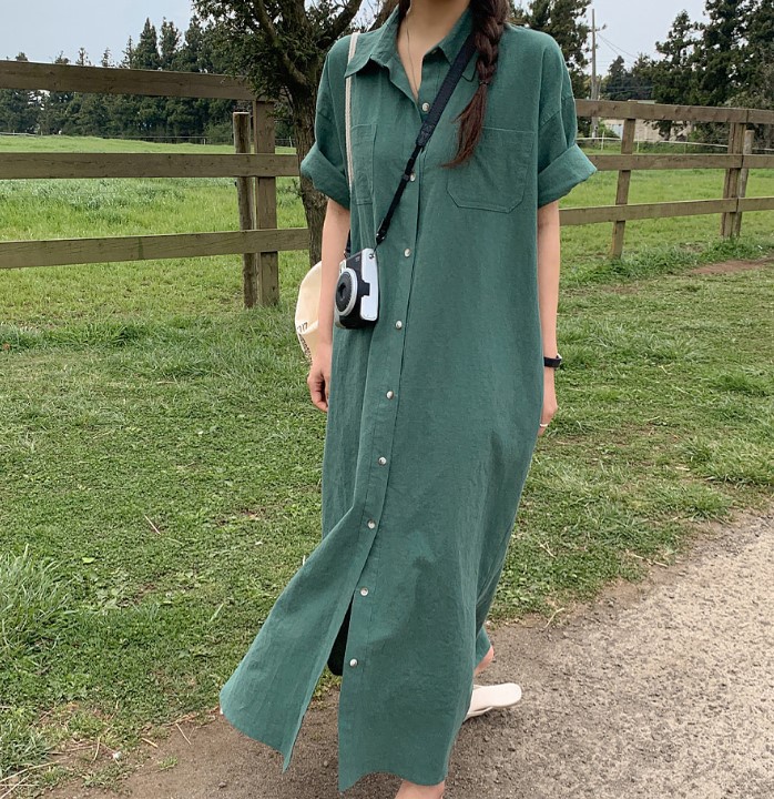 Korean Summer Short Sleeve Long Pattern Dress Loose Lazy Over The Knee Shirt Dress Women