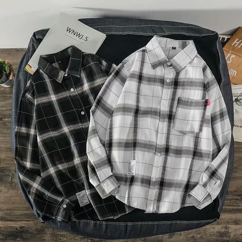 Men's checkered long-sleeved shirt for spring and autumn, loose student-style jacket, Hong Kong-style Korean fashion casual shirt