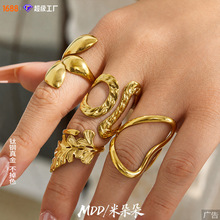 法式慵懒氛围感重工质感 不锈钢镀18K金立体花瓣开口戒指饰品女