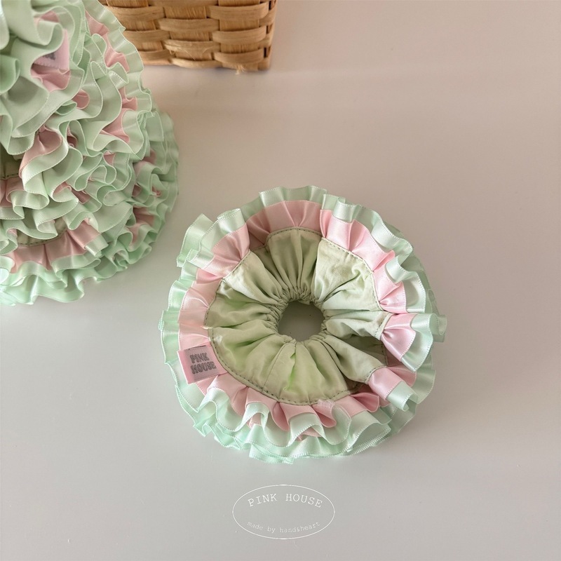 ピンクオリジナルハンドメイド・ピンクと春の山のコントラストカラー甘いレースフルボールヘアサークルヘアアクセサリーリボン|undefined