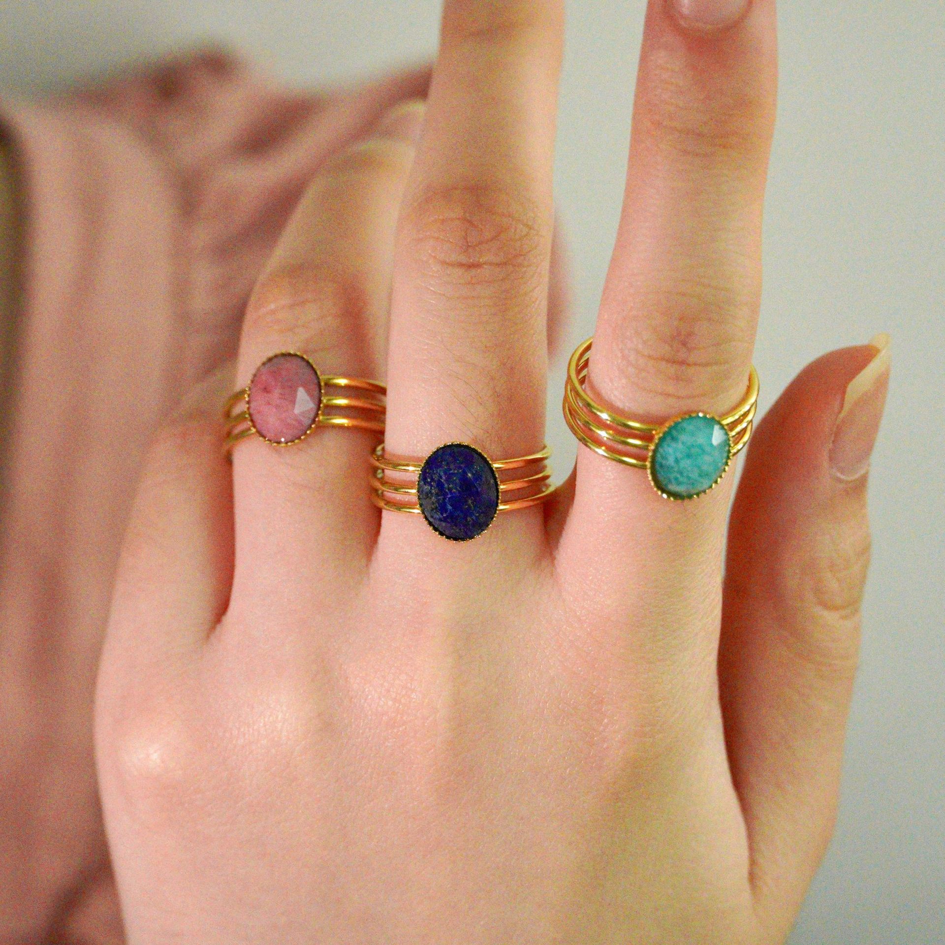 Natural Stone Inlay Material Retro French Style Geometric Titanium Steel Natural Stone Open Rings In Bulk